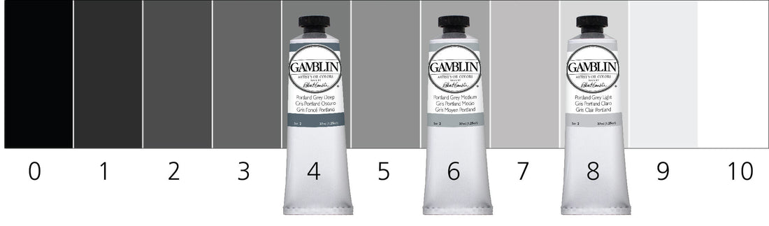 Valörskala i gråa naturella toner med oljefärger Portland från Gamblin att blanda med.