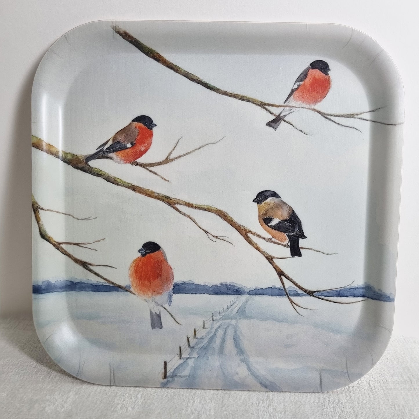 Bricka 20x20 cm Domherrar på vinterkvist