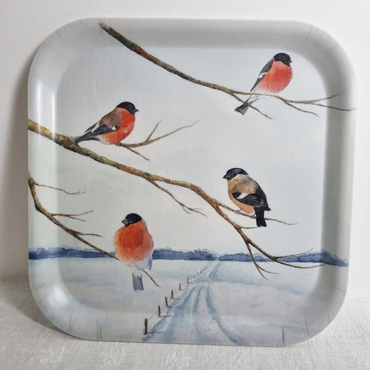 Bricka 20x20 cm Domherrar på vinterkvist
